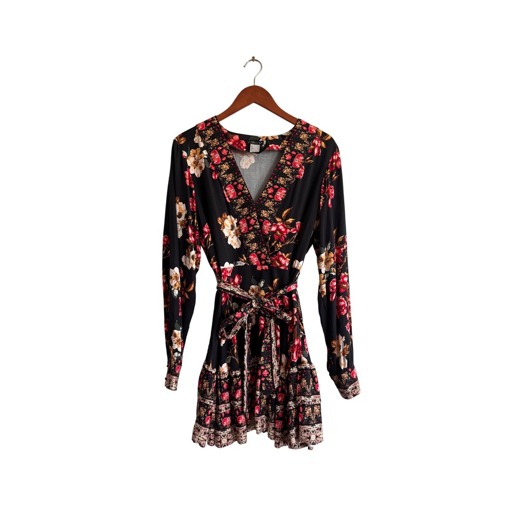 Venus Womens Black Red Floral Long Sleeve V-Neck Tie Waist Mini Dress Size 12
